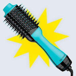 A blue-and-black hairbrush with bristles, labeled 