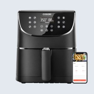 Air fryer displaying 350Â°F and 88 minutes on a digital screen, with a smartphone app showing cooking settings nearby, set against a light background.