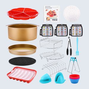 Air fryer accessories arranged, including baking pans, recipe guide, cooking racks, tongs, brush, pot grips, and silicone molds on a plain background.