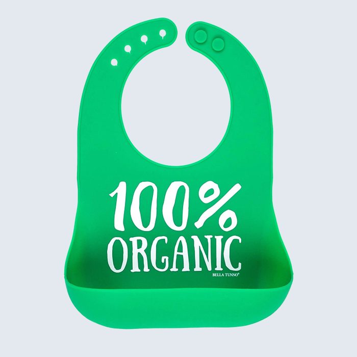 Green silicone bib displays 