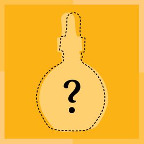 Silhouette of a bottle with a question mark, outlined with dashed lines against a bright orange background.
