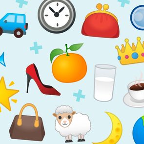 Various colorful emojis, including a clock, car, fruits, and a crown, arranged on a light blue background with plus signs interspersed.