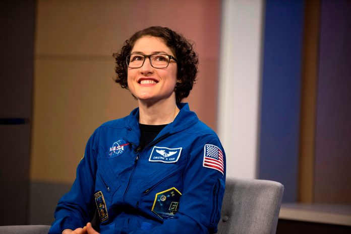 NASA Astronaut Christina Koch answers questions during a postflight news conference at the Johnson Space Center in Houston, Texas on February 12, 2020.