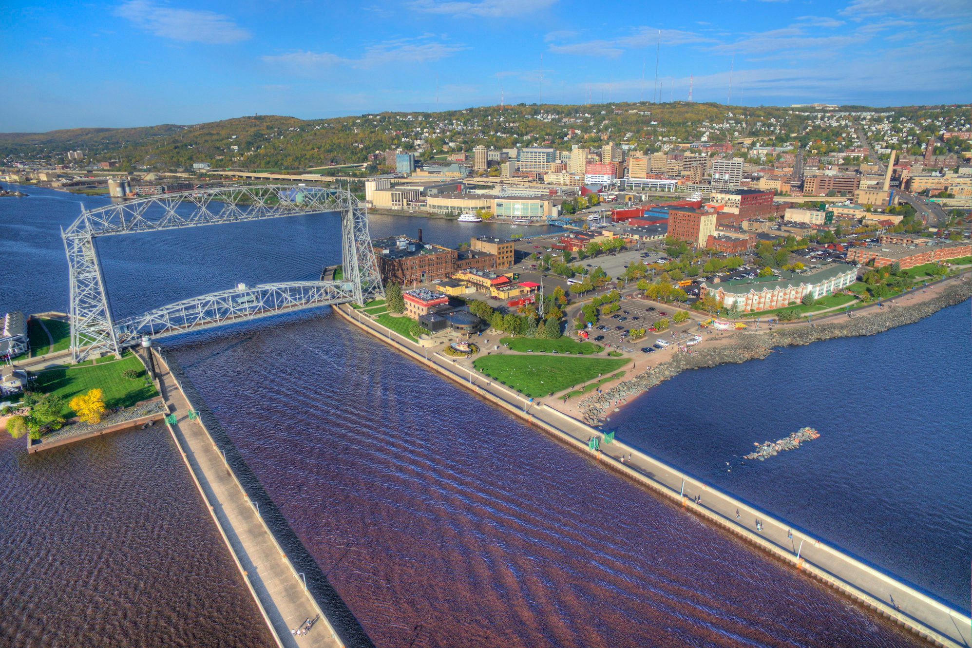 Duluth, Minnesota and Lake Superior in Summer seen from Above by Drone