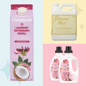 Three laundry detergents displayed: Cleancult carton with flower design, Glamorous Wash jug with intricate label, Love Home And Planet bottles with floral pattern.