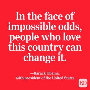 Quote advocating change; white text on a red background. Attribution to Barack Obama, 44th U.S. president, at bottom right with 