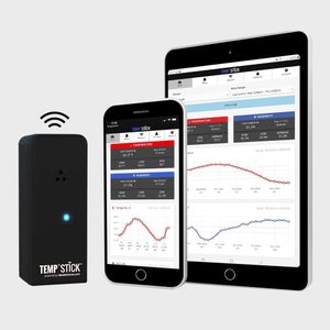 Device transmits data to smartphone and tablet, displaying temperature and humidity graphs. Wi-Fi icon indicates wireless connection. Context is a plain background.