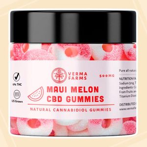 Jar displaying Maui Melon CBD Gummies with black lid, surrounded by a light background. Text includes 