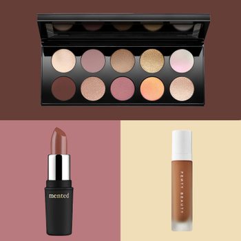 An eyeshadow palette displays nine shades; below, a brown lipstick says "mented," next to a Fenty Beauty foundation bottle, all against a colored backdrop.