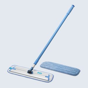 Mop with blue handle, attached to a flat cleaning head, displayed with an extra blue pad, against a light background.