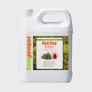 White plastic jug labeled â€œBed Bug Killerâ€ with cedar scent, emphasizing natural and non-toxic qualities. Handles are integrated into the jug design.