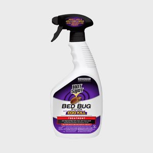 Spray bottle displays bed bug killer text, promising egg elimination, on a white background. Black trigger top with purple, informative label covering bottle front.