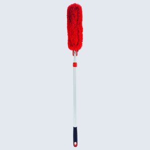 Red duster with an extendable silver handle, designed for cleaning, set against a plain white background.