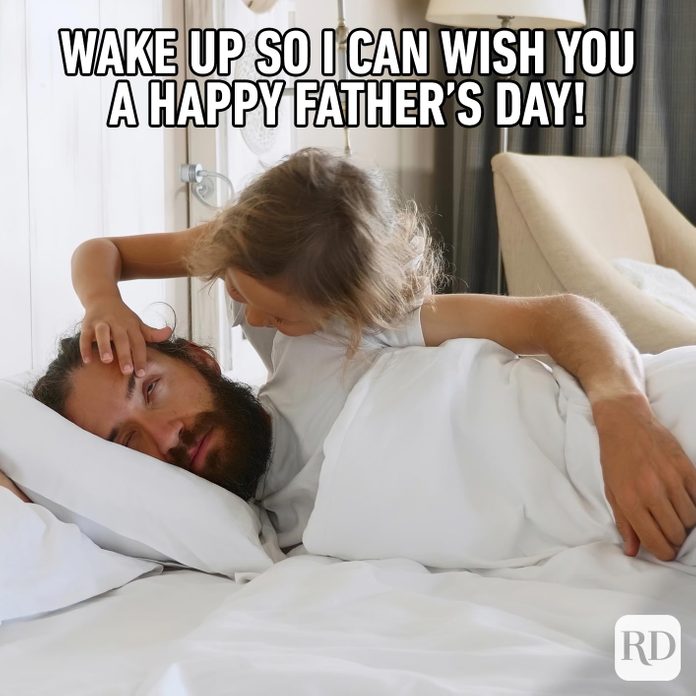 Girl trying to open her father's eye as he sleeps. Meme text: Wake up so I can wish you a Happy Father’s Day!