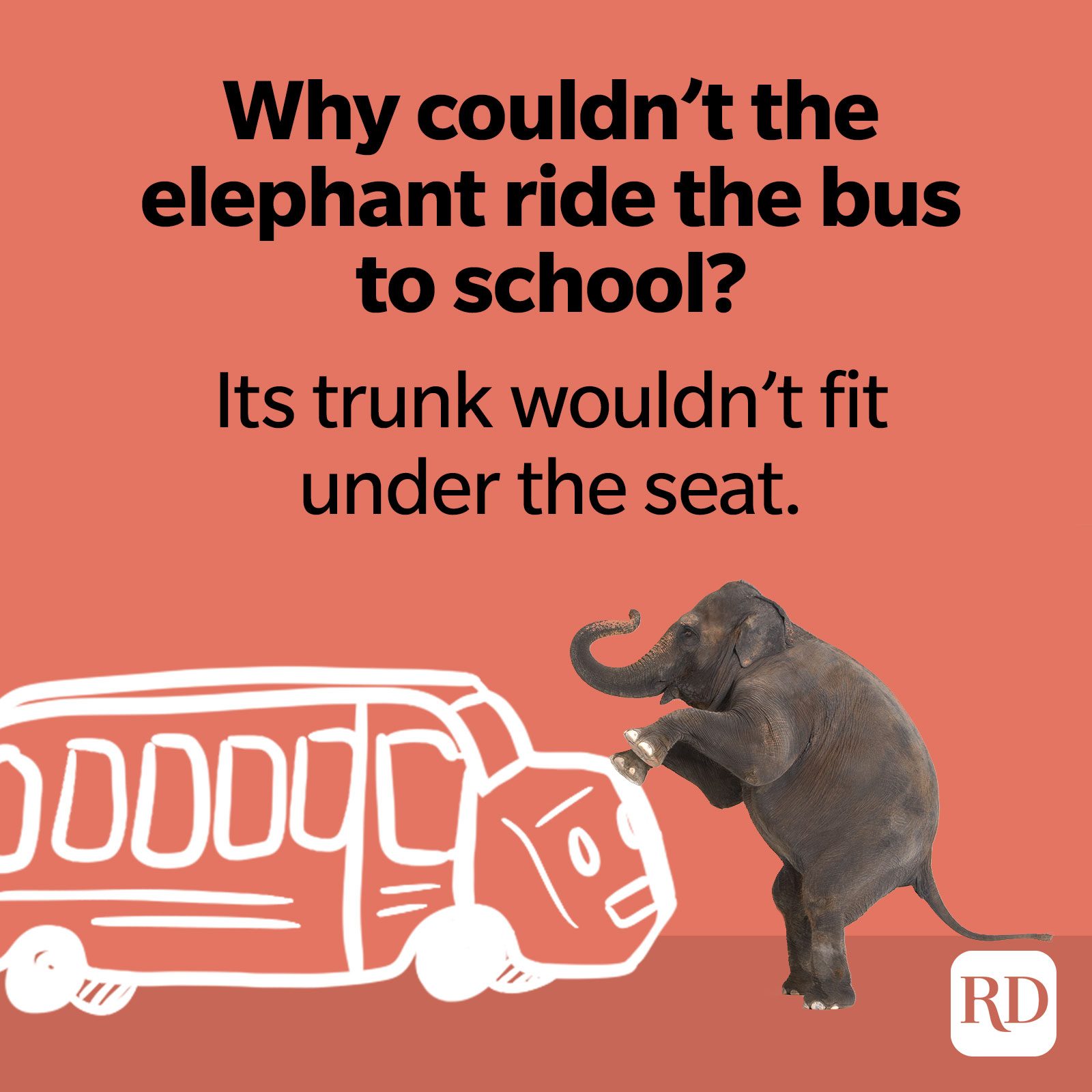 16. Why couldn't the elephant ride the bus to school? Its trunk wouldn't fit under the seat.