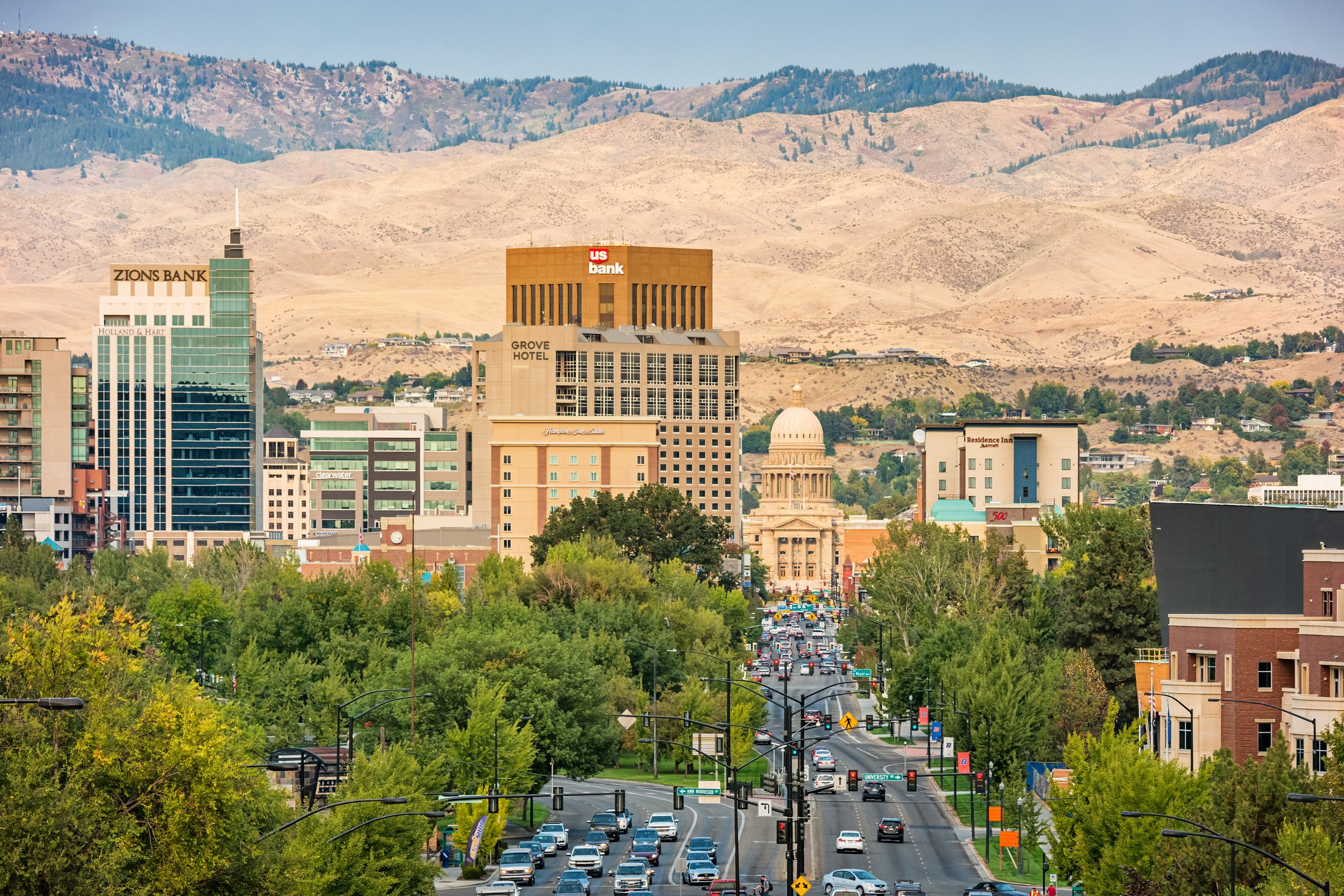 the downtown financial district and South Capitol Boulevard in Boise Idaho USA on a sunny day