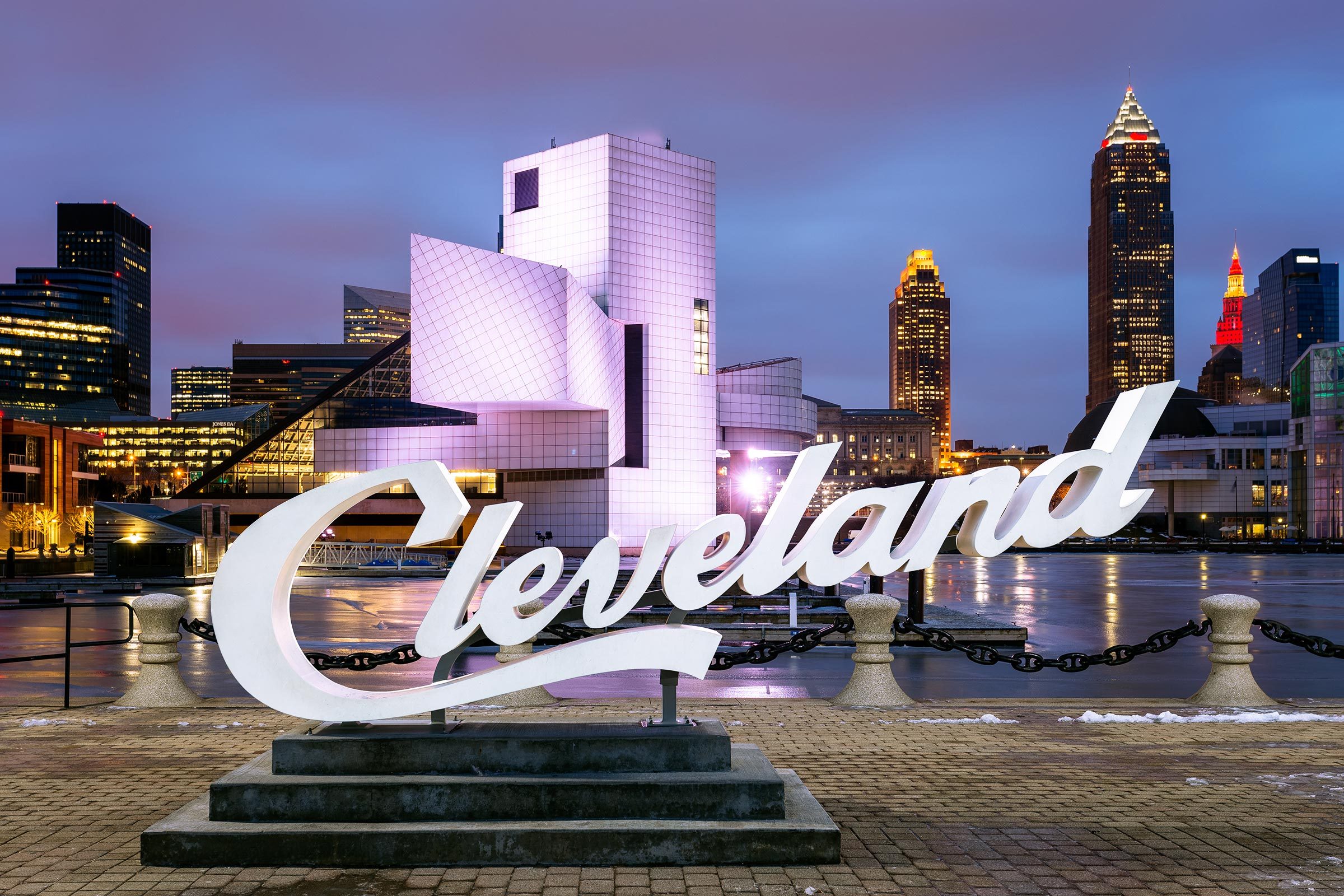 Cleveland Script Sign at the marina of Lake Erie, Cleveland, Ohio, in front of the Rock & Roll Hall of Fame