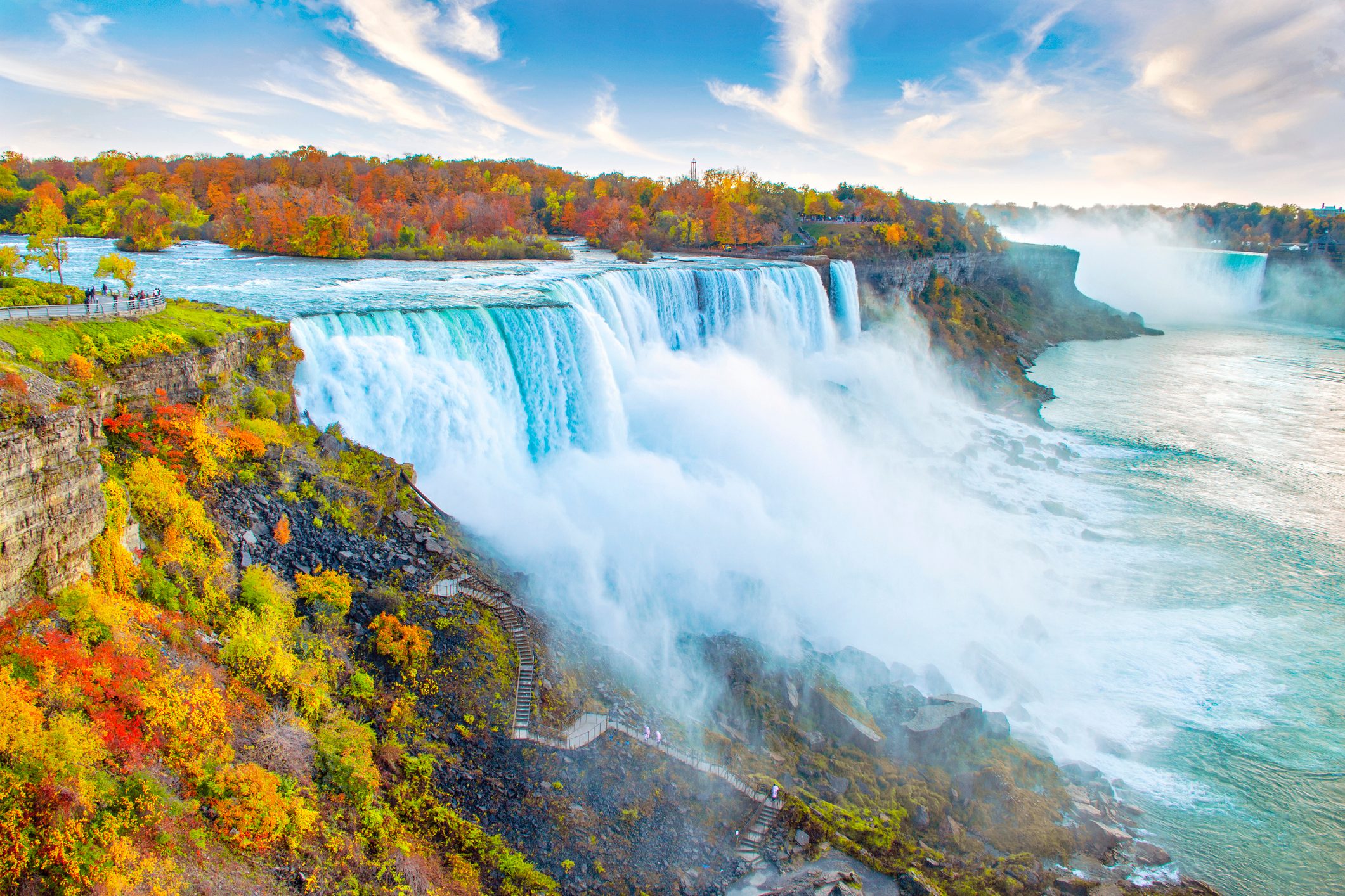 Niagara Falls including American Falls in New York in the foreground and Horseshoe Falls in Canada in background, with autumn leaf colors