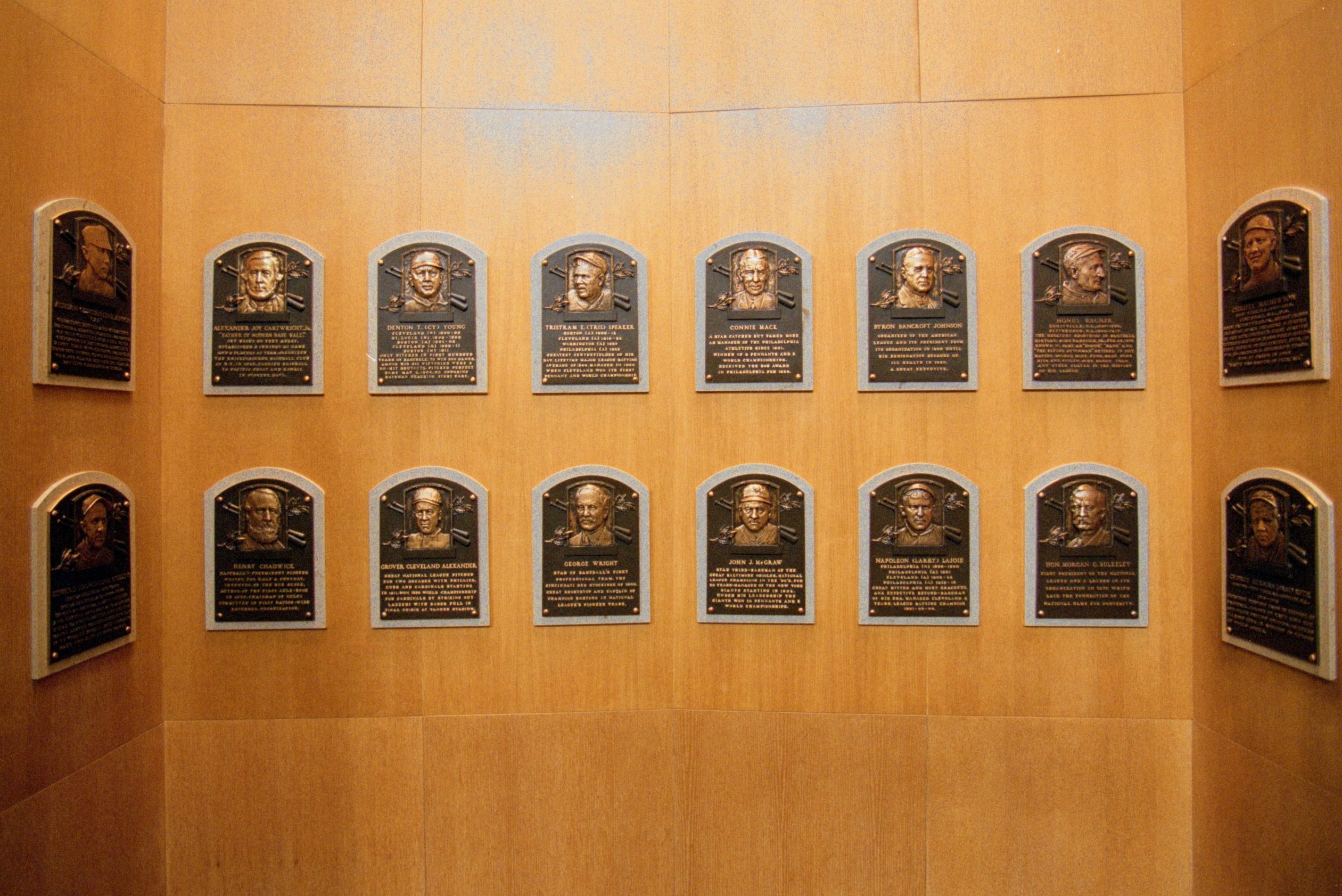 Wall of Plaques dedicated to the Legends of Baseball at the Baseball Hall of Fame in Cooperstown, New York.