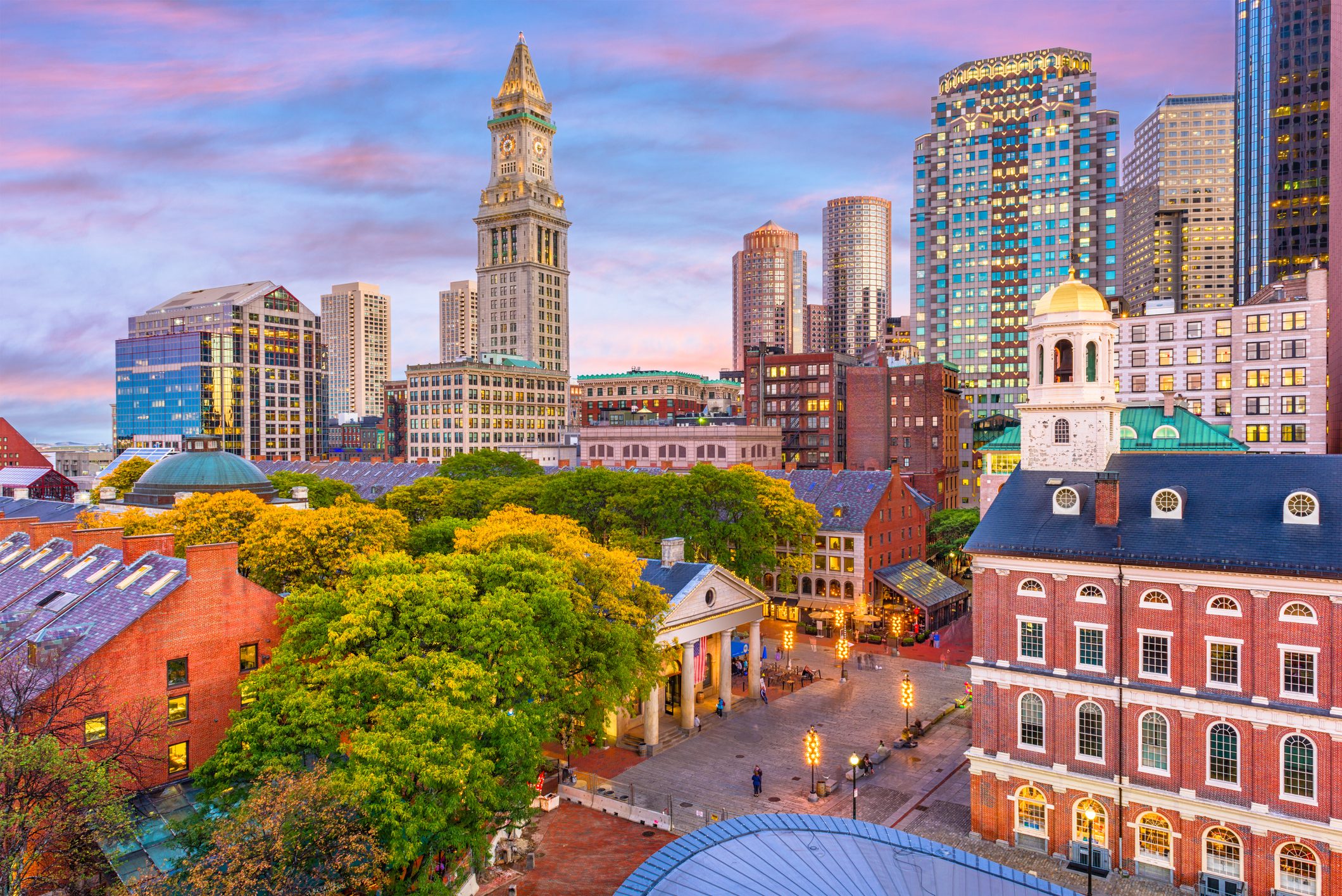 Boston, Massachusetts, skyline over Quincy Market.