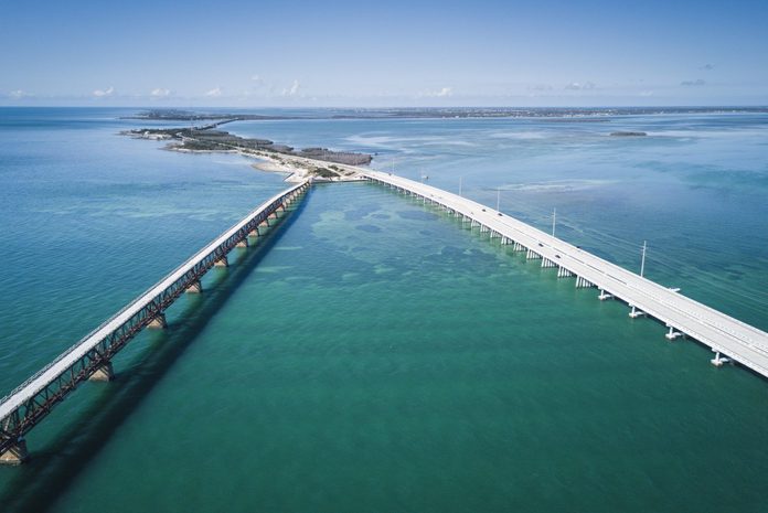 Seven Mile Bridge in Florida Keys from drone point of view