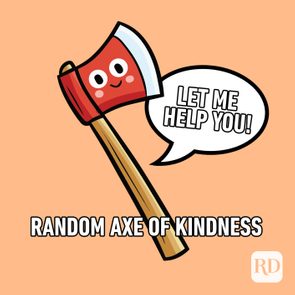 Cartoon axe smiles, saying 