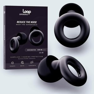 Earplugs reduce noise, displayed against packaging with product benefits and noise reduction level of -20 dB, suitable for events, moto, and concerts.