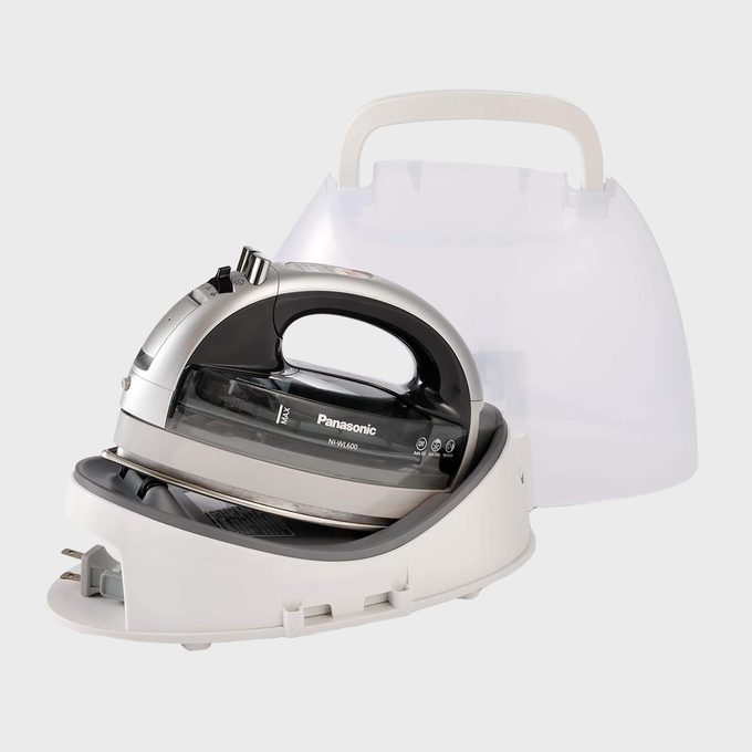 Iron resting in a docking station; name â€œPanasonicâ€ and model â€œNI-WL600â€ visible; positioned against a plain white background.