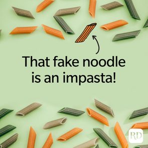 Pasta pieces scattered on a green background; one illustrated as striped. Text reads: 