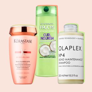 Three shampoo bottles are displayed upright against a light background. They are labeled: KÃ©rastase, Garnier Fructis, and Olaplex.