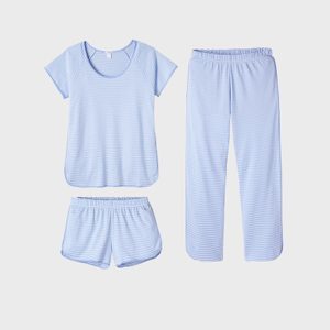 Blue striped pajamas set, displayed laid flat, includes a short-sleeve top, long pants, and shorts, all on a plain white background.