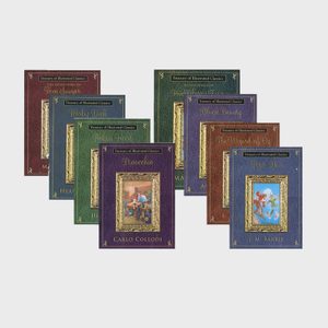 Books stand aligned, highlighting covers of classic tales in varied colors; titles include 