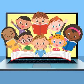 Children hold books, smiling from a laptop screen, with a large open book below, set against a blue backdrop.