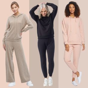 Three people wear casual loungewear of different colors, posing against a neutral background. The outfits include hoodies and sweatpants, paired with white sneakers.