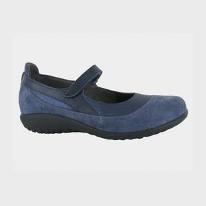 Blue Mary Jane shoe rests on a plain white background.