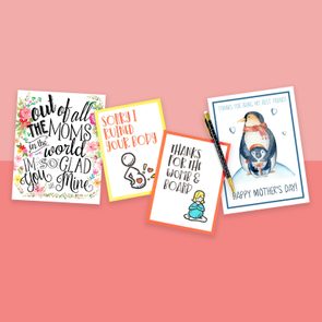 Cards display humorous Mother's Day messages with illustrations, featuring flowers, people, and penguins, arranged on a red gradient background with pens.