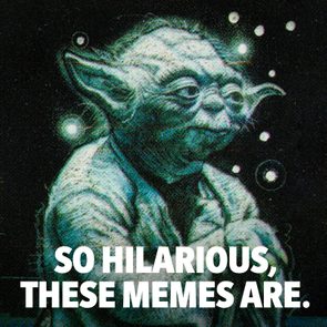 A wise alien smiles subtly, surrounded by glowing dots, conveying humor. Text reads, 