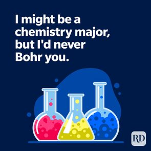 Three colorful chemical flasks with text: 