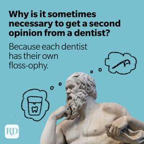 Statue ponders with thought bubbles depicting toothbrush and tooth; text humorously addresses differing dental opinions with a pun. Blue background.