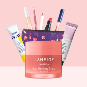 Beauty products arranged, showcasing lip balms and cosmetics in a purple-patterned bag, against a pink background. Prominent text: 