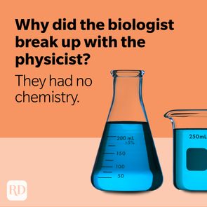 Beakers hold blue liquid against an orange background, accompanied by text: 