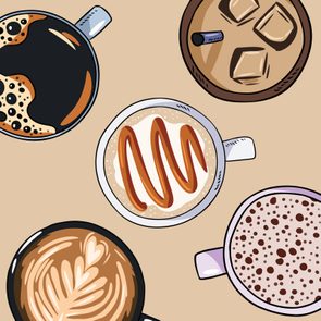 Various coffee cups sit, each with different styles and toppings, arranged on a beige background.
