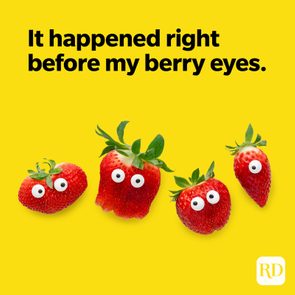 Strawberries with googly eyes rest on a bright yellow background with text: 