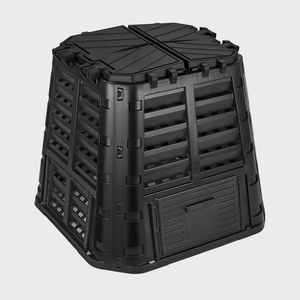 Black plastic compost bin sits on a plain white background, featuring side vents and a hinged top lid for access.