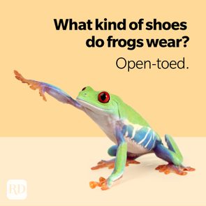 Frog raises leg against beige background; text above reads, 