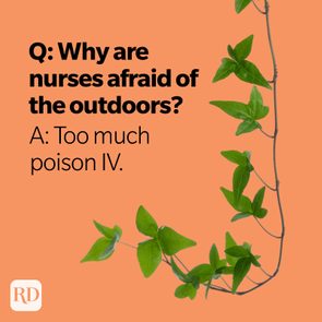 Text poses a pun question and answer about nurses fearing outdoors. Vine spirals against an orange background.