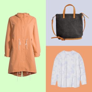 Coat: peach hooded, string-tied, lime background. Bag: black leather with tan straps, gray background. Shirt: white tie-dye, orange background.