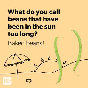 Two beans rest on a cartoon beach with an umbrella and sun, accompanied by a joke about baked beans.