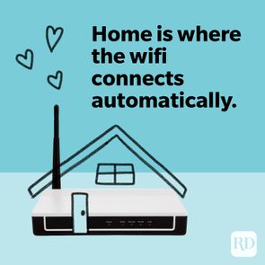 Router sits under a drawn house roof, against a turquoise background, with text reading, 