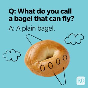 A bagel with drawn airplane features appears against a blue background beside the text: 